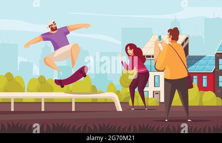Sommer Sport Skateboard Komposition mit Outdoor-Stadtlandschaft Hintergrund und Doodle Stil Stunting Skateboarder Charakter mit Menschen Vektor Illustration Stock Vektor