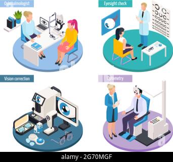 Isometrisches 2x2-Design-Konzept für die Augenheilkunde mit Szenen von medizinischen Terminen und professionellen Werkzeugen zur Sichtprüfung Vektordarstellung Stock Vektor