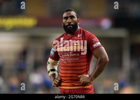 Leeds, Großbritannien. Juli 2021. Samisoni Langi (3) von Catalans Dragons in Aktion während des Spiels in Leeds, Vereinigtes Königreich am 7/9/2021. (Foto von Simon Whitehead/News Images/Sipa USA) Quelle: SIPA USA/Alamy Live News Stockfoto