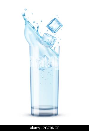 Realistische Wasserspritzer-Komposition mit isoliertem Bild von Glas, das mit Wassereiswürfeln gefüllt ist, mit Schattenvektordarstellung Stock Vektor