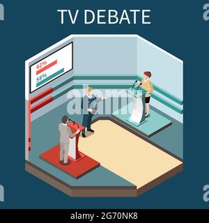 TV-Debatte isometrischer Hintergrund mit tv-Moderator zwei politische Konkurrenten an Tribünen und Bildschirm mit Rating-Vektor Illustration Stock Vektor