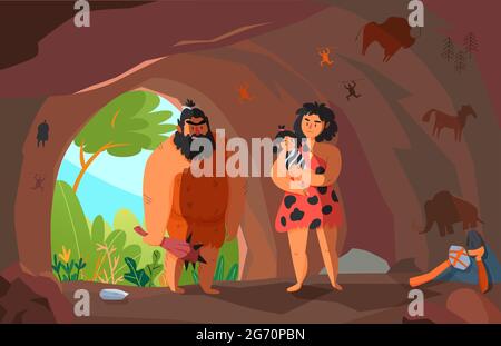 Zwei primitive Menschen mit Kind in Höhle Cartoon Vektor Illustration Stock Vektor