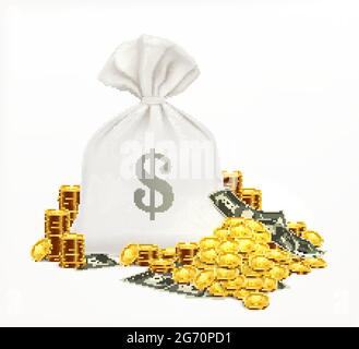 Sack Money realistische Komposition mit konzeptueller Tasche mit Dollarzeichen und Geld mit Münzen und Banknoten Vektordarstellung Stock Vektor