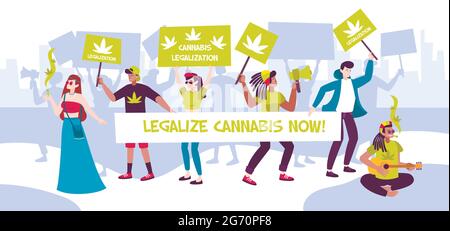 Manifestation Treffen Cannabis Legalisierung Zusammensetzung mit Menschen und Banner legalisieren Cannabis jetzt Vektor Illustration Stock Vektor