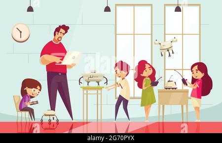 Robotics Schule für Kinder Cartoon Hintergrund mit Lehrer Programmierung verschiedene Arten von Robotern Vektor-Illustration Stock Vektor