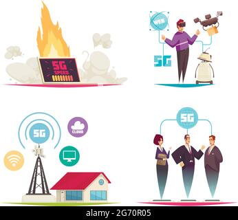 Internet-Technologie 2x2 Design-Konzept Satz von Cartoon-Kompositionen zum Thema fünfte Generation der mobilen Kommunikation Vektor Illustration Stock Vektor