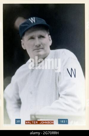 Antike Foto-/Baseballkarte von Walter Johnson Pitcher mit den Washington Senators in den 1930er Jahren Stockfoto