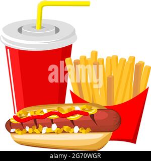 Rindfleisch Hot Dog mit pommes Frites und Cola-Getränk Stock Vektor