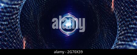 Abstraktes 3D-Rendering futuristischer blauer Glanz Gitter-Mesh-Kommunikationstunnel. 3D-Illustration Drahtrahmen Tunnel Fantasie für digitale Hi-Technology presen Stockfoto