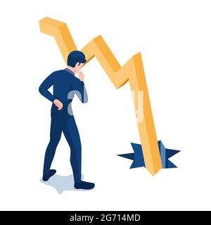 Flache 3d Isometrische Geschäftsmann Blick auf Grafik fällt durch den Boden. Krise und Analyse von Unternehmen. Stock Vektor