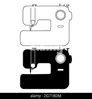 Nähmaschine Symbol auf weißem Hintergrund. Elektronische Nähmaschine Umriss Zeichen. Nähmaschine Logo. Flacher Stil. Stockfoto