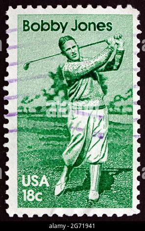 USA - UM 1981: Eine in den USA gedruckte Briefmarke zeigt Bobby Jones, Robert Tire Jones, American Amateur Golfer, um 1981 Stockfoto