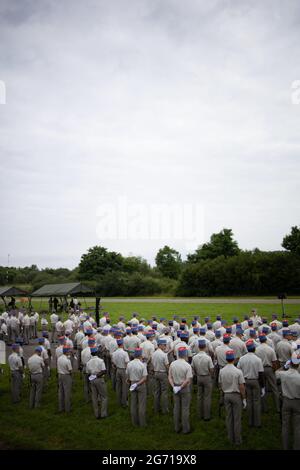 Versailles, Frankreich. Juli 2021. Truppen nehmen am 9. Juli 2021 an einer Generalprobe des 14. Juli an der Parade der Truppen zu Fuß auf dem Militärstützpunkt Satory in Versailles, in der Nähe von Paris, Teil. Foto von Raphael Lafargue/ABACAPRESS.COM Quelle: Abaca Press/Alamy Live News Stockfoto