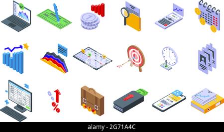 Symbole für die Finanzplanung legen einen isometrischen Vektor fest. Verwalten des Risikoplans. Geschäftsstabilität des Kunden Stock Vektor