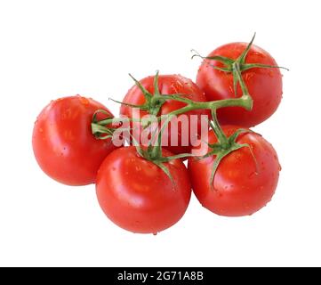 Ein paar Tomaten isoliert auf weißem Hintergrund. Tomate Clipping Path. Isolierte Tomate mit Wassertröpfchen darauf Stockfoto