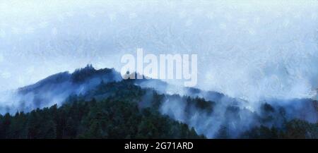 Panoramablick auf den Wald und die Berge. Künstlerische Arbeit zum Thema Natur Stockfoto