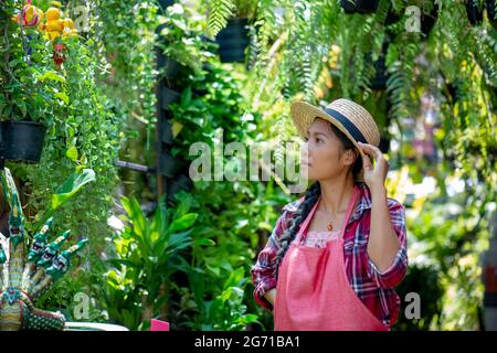 Junge asiatische Frau, die in einem kleinen Gartengeschäft für Pflanzen sorgt. Hält eine weiße Hortensienpflanze, die Blumentöpfe gießt. Sitzen auf den Knien im Gehweg Stockfoto