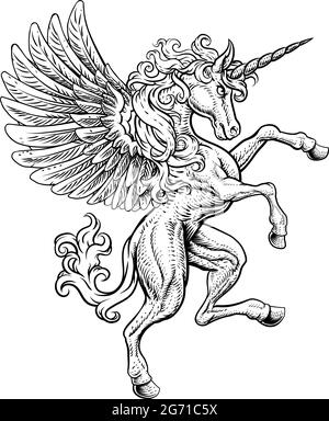 Pegasus Einhorn Aufzucht Grassierende Crest Wings Horse Stock Vektor