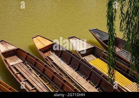 Die Stocherkähne liegen im Wasser in Strömungsrichtung entlang des Neckar, Altstadt von Tübingen, Deutschland. Stockfoto