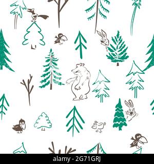 Eine Reihe von einfachen Kinderbäumen mit Bären und Vögeln. Nahtloser Hintergrund. Vektorgrafik Stock Vektor