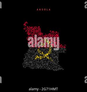 Angola-Flaggenkarte, chaotisches Partikelmuster in den Farben der angolanischen Flagge. Vektordarstellung auf schwarzem Hintergrund isoliert. Stock Vektor