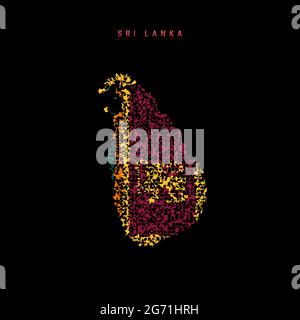 Sri Lanka Flaggenkarte, chaotisches Partikelmuster in den Farben der Sri-lankischen Flagge. Vektordarstellung auf schwarzem Hintergrund isoliert. Stock Vektor
