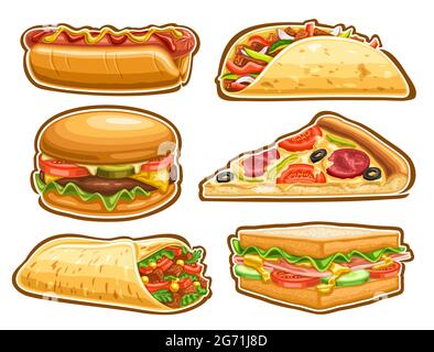 Vector Fast Food Set, Lot Sammlung von ausgeschnittenen Illustrationen lecker Hot Dog mit Senf und Ketchup, Taco mit Hackfleisch, leckere Cheeseburger, s Stock Vektor