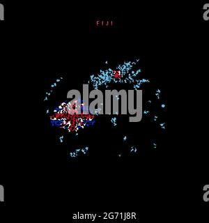 Fidschi-Flaggenkarte, chaotisches Partikelmuster in den Farben der Fidschi-Flagge. Vektordarstellung auf schwarzem Hintergrund isoliert. Stock Vektor