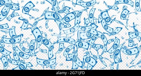 Bitcoin, Internet-Währungsscheine fallen. Zufällige BTC-Rechnungen auf transparentem Hintergrund. Kryptowährung, digitales Geld. Verführerische Vektordarstellung. Exz Stock Vektor