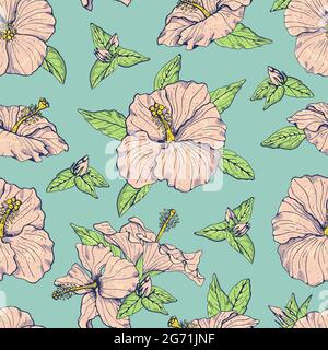 Nahtloses Vintage-Muster mit pinken Hibiskusblüten, Knospen und Blättern, mit dunkler Kontur. Auf türkisfarbenem Hintergrund. Stock Vektor