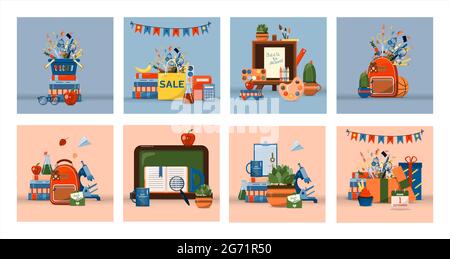 Zurück zur Schule. Großer Vektorsatz. Schreibwaren für Schule, Universität und Büro. Cartoon-Schulbedarf. Ein Satz farbiger Symbole. Flache Illustrationen für Stock Vektor