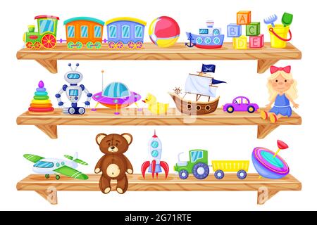 Spielzeug in den Regalen. Cartoon Holzlagerregal mit Kinderspielzeug Baby-Puppe, Zug, Roboter, Teddybär, Rakete. Kinder Kunststoff Spielzeug Vektor-Set. Kinderzimmer mit bunten Objekten für Kinderspiele Stock Vektor