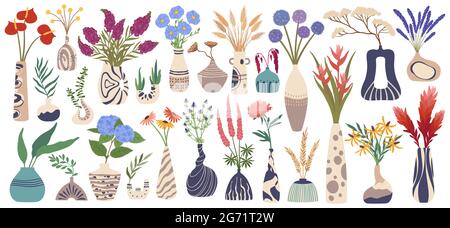 Vase mit Blumen. Verschiedene Pflanzen in Keramikvasen. Tropische blühende Blume, Blätter. Moderne Keramik mit Blumensträußen für Inneneinrichtung Vektor-Set. Schöne florale Elemente zur Dekoration Stock Vektor