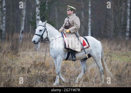 GATCHINA, RUSSLAND - 07. NOVEMBER 2015: Roter Kommissar zu Pferd am Rande des Herbstwaldes. Internationales Militär-Historisches Festival Stockfoto