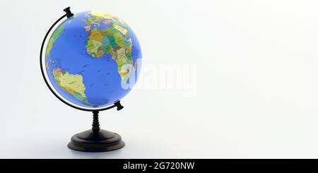 Globe Schule Planet Erde auf schwarzem Stand, weißer Hintergrund. Bildung, Kartographie, Länder und weltpolitische Karte, internationales Geschäftskonzept. Stockfoto