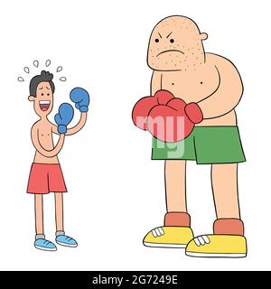 Cartoon zwei Boxer im Ring, eine schwach und ängstlich, die andere großmundig, Vektor-Illustration. Farbige und schwarze Umrisse. Stock Vektor
