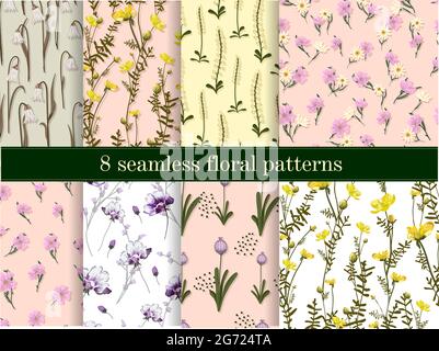 Ein Set mit Blumenmustern. Sammlung von zarten floristischen Designs. Kleine Feldblumen. Trendiges Textildesign Stock Vektor