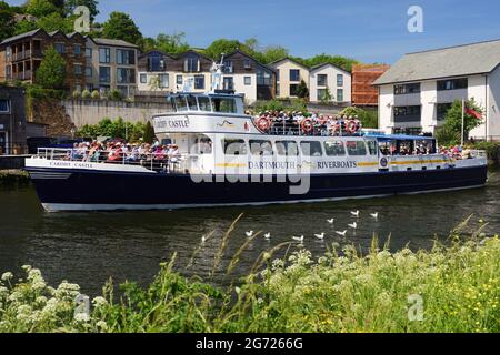 Dartmouth Riverboats 'Cardiff Castle' verlassen Totnes auf dem Fluss Dart. Während der Coronavirus-Pandemie tragen die Passagiere Gesichtsmasken. Stockfoto