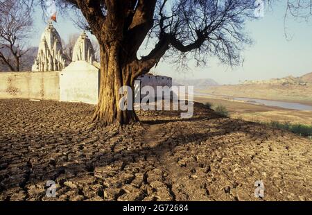 INDIEN, Staat Gujarat, Narmada Fluss und Dämme, Reservoir des Narmada Staudamms Sardar Sarovar Projekt im Stammesdorf Manibeli, untergetaucht alten Shoolpaneshwar Mahadev hindu-Tempel, blieb Schlamm nach dem ersten Eintauchen 1993, Bild aufgenommen am 1994. februar, heute ist der Tempel dauerhaft unter Wasser im Staudamm Reservoir, Der Tempel hatte einen Swayambhu Shivalinga und war ein wichtiger Ort für den Narmada Parikrama, eine heilige Wallfahrt entlang des Flusses / INDIEN, Gujerat, Narmada Fluss und Staudaemme, Stausee des Sardar Sarovar Projekt Staudamm, durch Flutung zerstoerter Hindu Tempel des Adivasi Dorf Manibeli Stockfoto