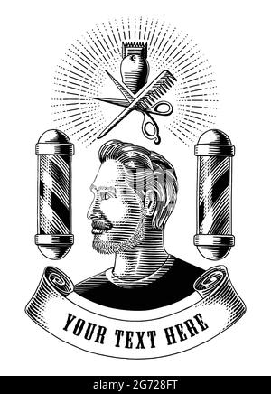 Barber Shop Logo und Symbol Hand zeichnen Vintage Gravur Stil schwarz und weiß Clip Art isoliert auf weißem Hintergrund Stock Vektor