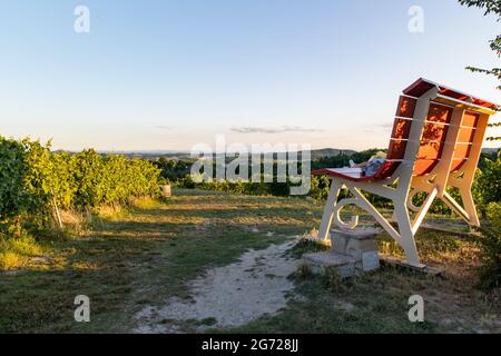 Rosignano Monferrato, Italien juli 9 2021 - große Bank in Weinbergen Stockfoto