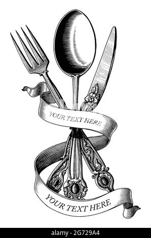 Kreuz Löffel Gabel und Messer Hand zeichnen Vintage Gravur Stil schwarz und weiß Clip Art isoliert auf weißem Hintergrund Stock Vektor