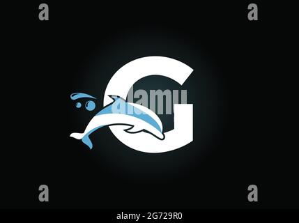 Anfängliches G-Monogramm-Alphabet mit Dolphin-Logo. Symbol für Wassertiere. Schrift-Emblem. Moderner Vektor-Logotyp für die geschäftliche Identität. Stock Vektor