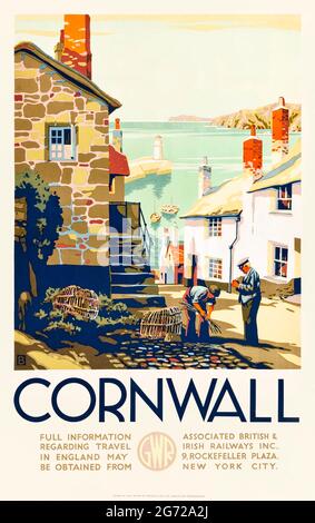 ‘Cornwall’ um 1935 Tourismusplakat für den amerikanischen Markt von GWR (Great Western Railways) mit den Kopfsteinpflasterstraßen von St. Ives. Kunstwerke von Sir Brian Caldwell Cook Batsford (1910-1991). Kredit: Privatsammlung / AF Fotografie Stockfoto