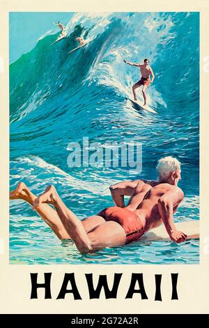 ‘Hawaii’ Tourismus-Poster aus dem Jahr 1958, das Surfer mit Kunstwerken von Chas Allen zeigt. Kredit: Privatsammlung / AF Fotografie Stockfoto