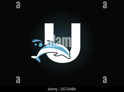 Anfängliches U-Monogramm-Buchstabenalphabet mit Dolphin-Logo-Design. Symbol für Wassertiere. Schrift-Emblem. Moderner Vektor-Logotyp für die geschäftliche Identität. Stock Vektor