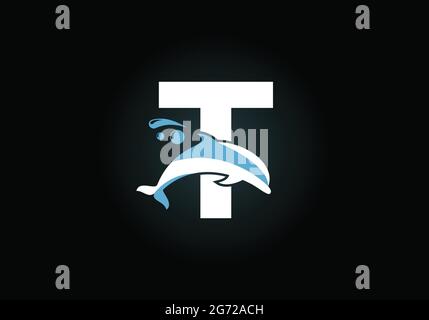 Anfängliches T-Monogramm-Buchstabenalphabet mit Dolphin-Logo-Design. Symbol für Wassertiere. Schrift-Emblem. Moderner Vektor-Logotyp für die geschäftliche Identität. Stock Vektor