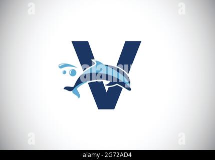 Anfangsbuchstabenalphabet mit V-Monogramm und Dolphin-Logo. Symbol für Wassertiere. Schrift-Emblem. Moderner Vektor-Logotyp für die geschäftliche Identität. Stock Vektor