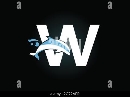 Anfängliches W-Monogramm-Buchstabenalphabet mit Dolphin-Logo-Design. Symbol für Wassertiere. Schrift-Emblem. Moderner Vektor-Logotyp für die geschäftliche Identität. Stock Vektor