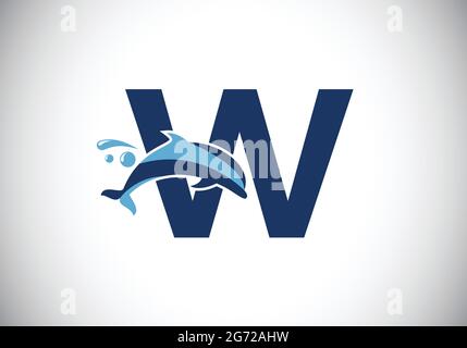 Anfängliches W-Monogramm-Buchstabenalphabet mit Dolphin-Logo-Design. Symbol für Wassertiere. Schrift-Emblem. Moderner Vektor-Logotyp für die geschäftliche Identität. Stock Vektor